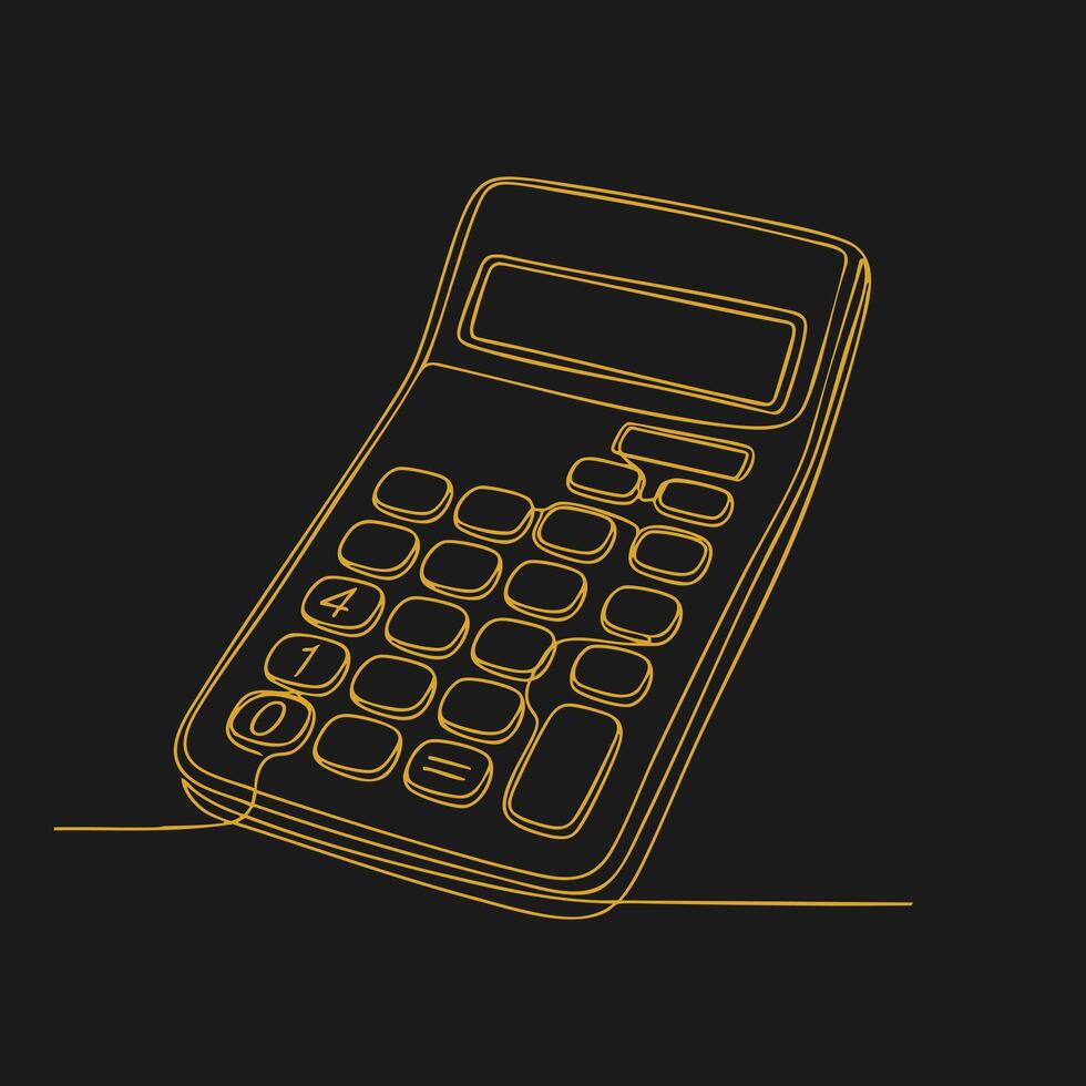 minimalista línea dibujo de un clásico calculadora con un rectangular monitor y múltiple botones en un oscuro vector