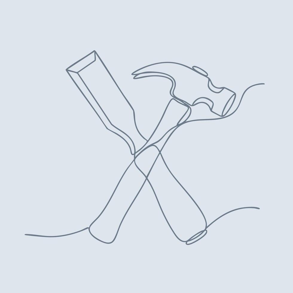 Minimalist line drawing of a hammer and a chisel crossed over each other on a light vector