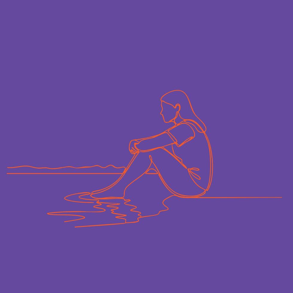 Minimalist line art of a girl sitting on the edge of a body of water, reflecting a calm and contemplative mood with a simple vector
