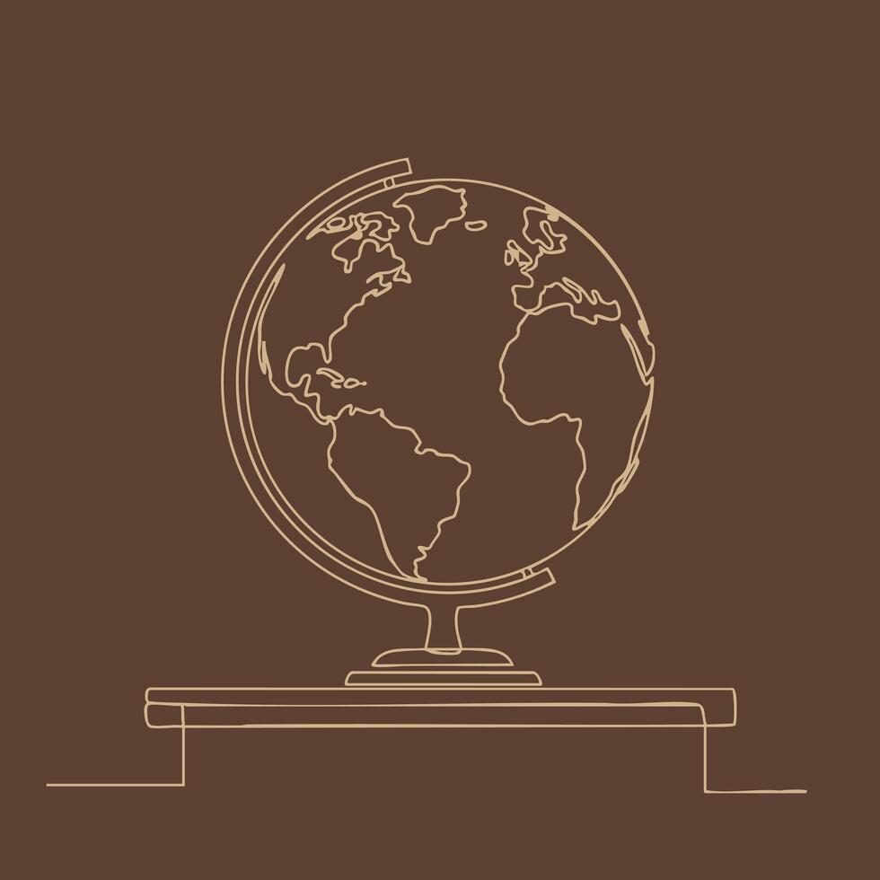 Minimalist line drawing of a globe on a stand with continents and oceans depicted in a simple outline style vector