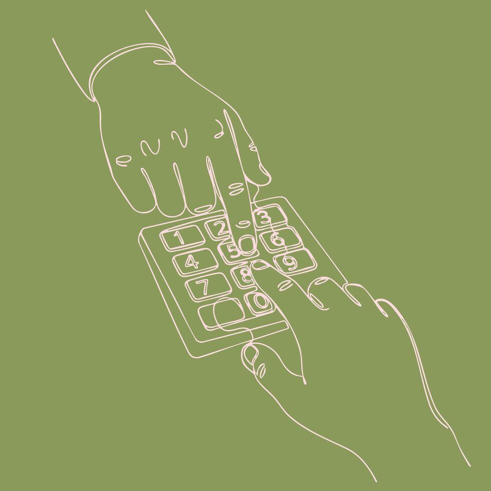 de cerca de dos manos interactuando con un numérico teclado en un verde , enfatizando comunicación o tecnología utilizar vector