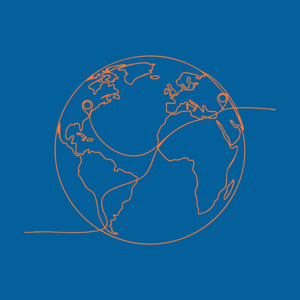 Minimalist line art of a globe depicting continents and longitude lines on a solid vector