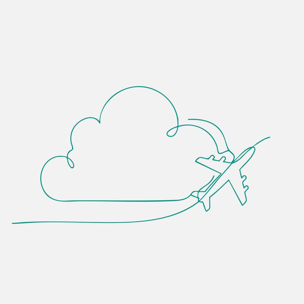 Minimalist Line Drawing of an Airplane Flying Past a Cloud with a Curved Path in a Simple Style vector