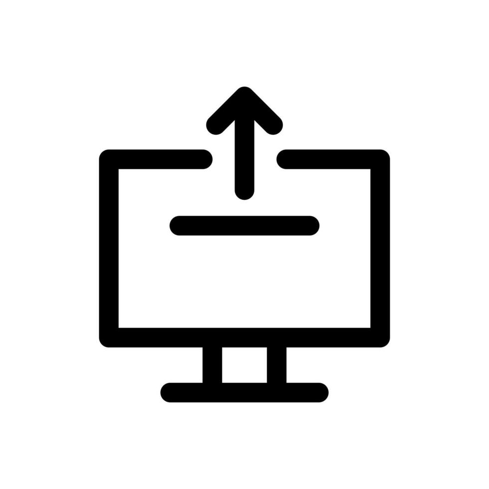 A linear graphic of a monitor screen with an up arrow for desktop upload. vector