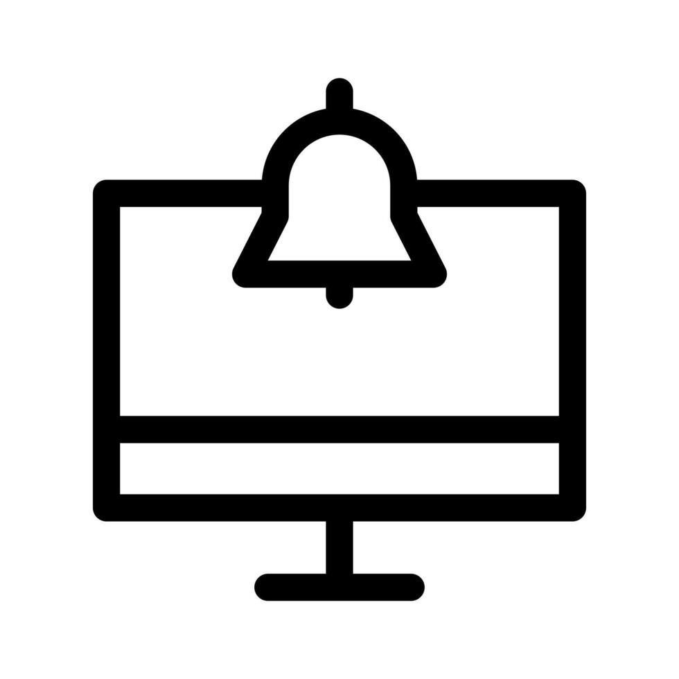 A simple line icon of a desktop monitor with an alert bell, signaling a system notification. vector