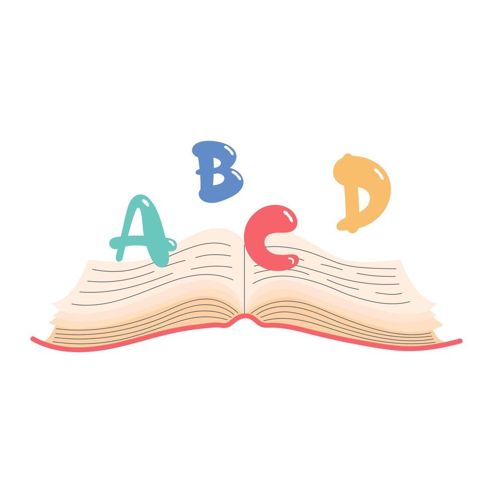 Open book with letters of the English alphabet A, B C, D vector