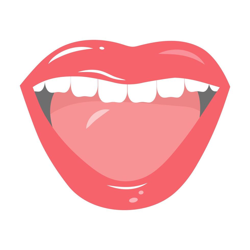 Open mouth with tongue. Teeth and Tongue shouting announcement. Articulation, pronunciation, learning foreign languages vector