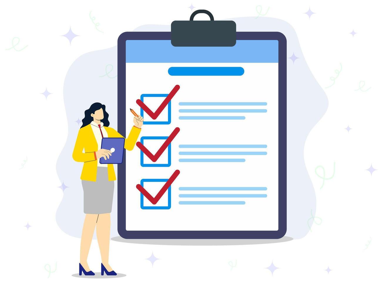 A woman as office manager has filled out form. Concept of completed work, checklist, Flat design with big icon of paper documents to be done with check boxes. Time management, tasks, success. vector