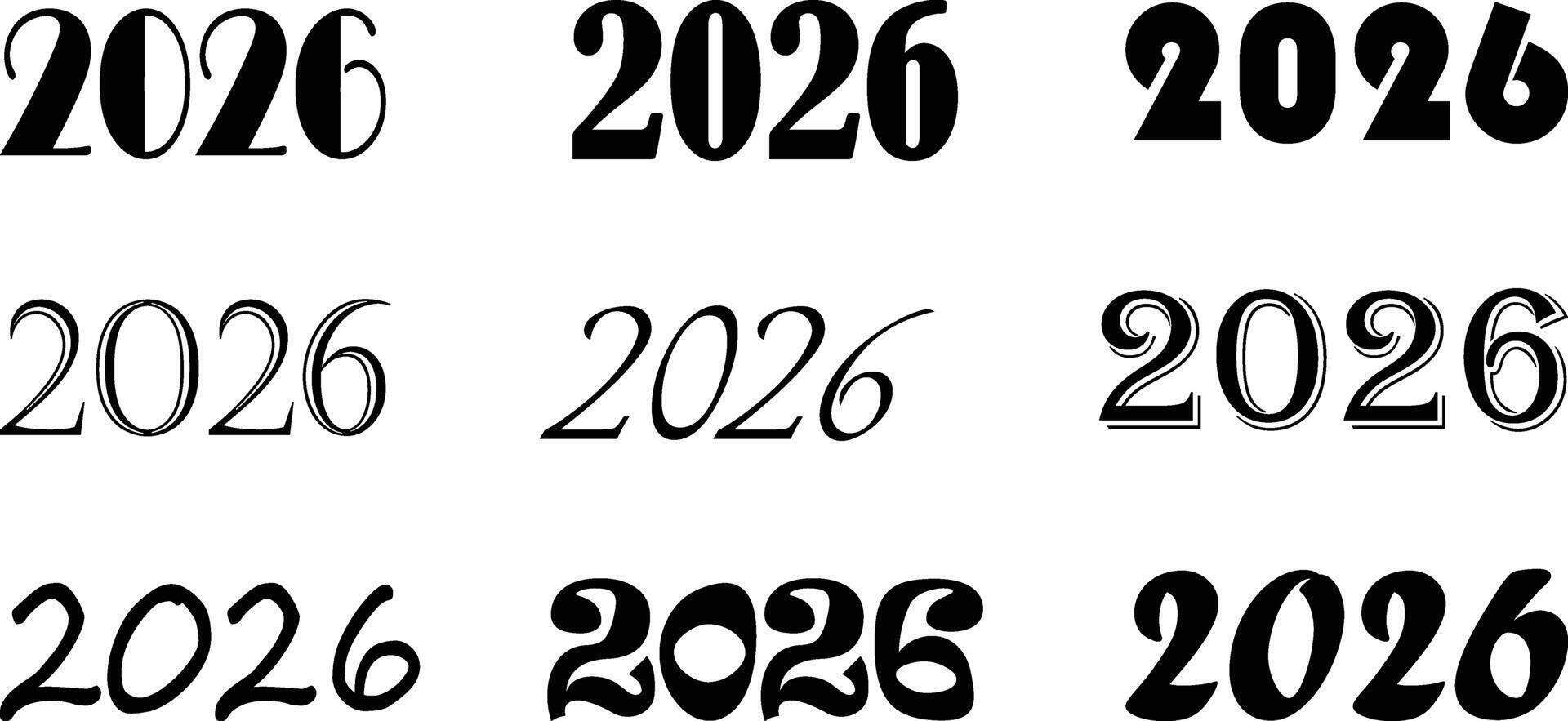 Multiple artistic renderings of the year 2026 in different fonts vector