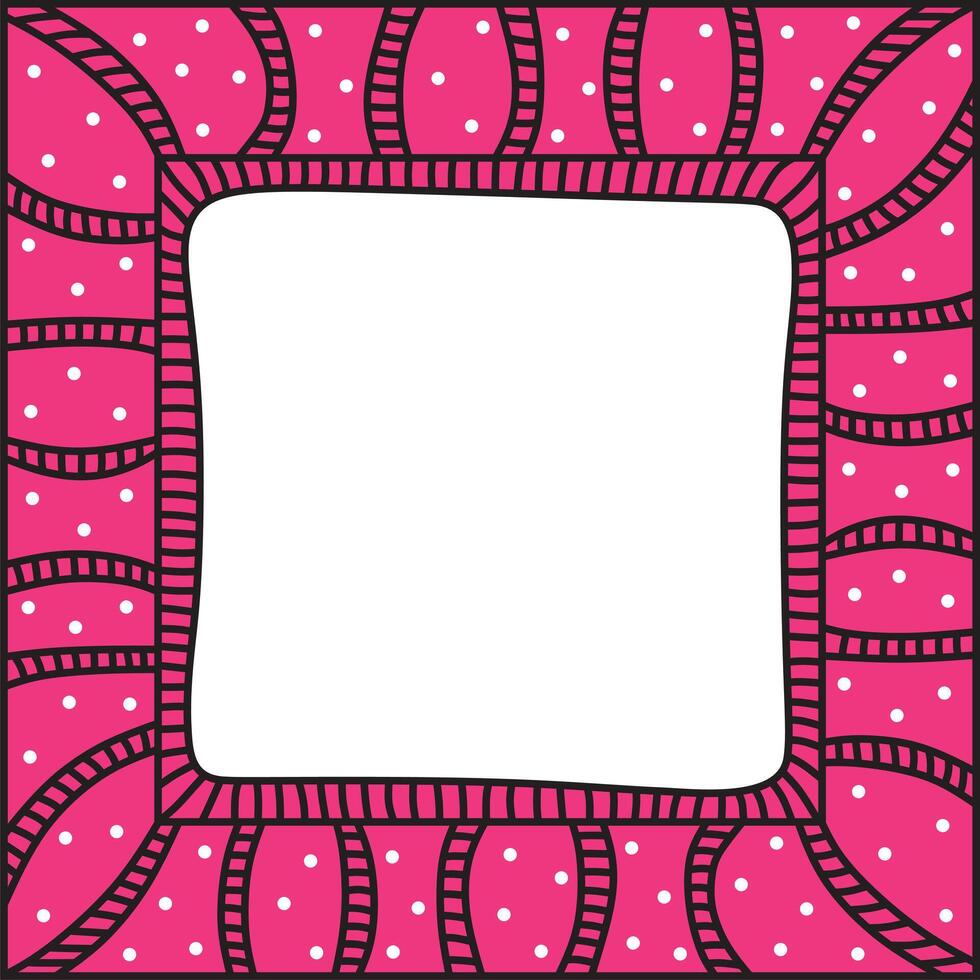 Decorative pink mosaic frame. Wavy square shape frame. Black lines. Empty space for text or picture. White dots. vector