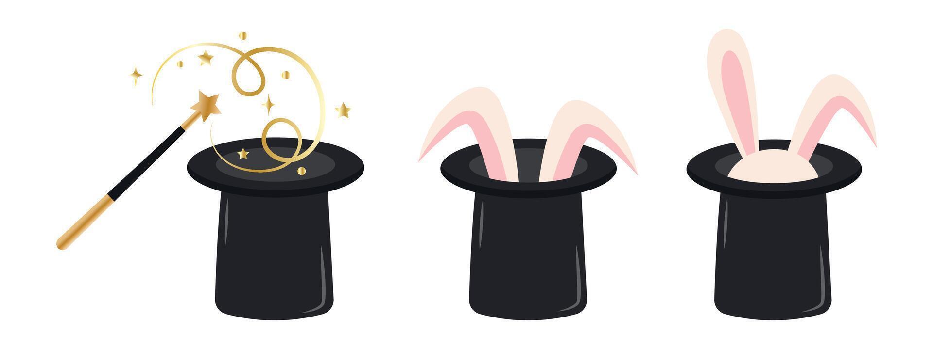 Magic wand with a hat and white rabbit ears. of a magic trick with a white rabbit in a hat. vector