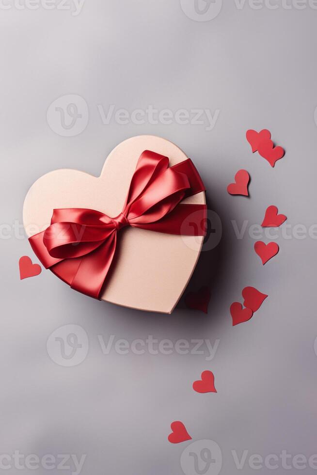 Festive box in the shape of a heart with a bow. Vertical background with place for text, copy space for Valentine's day, mother's day and date. Romantic background with space for text. photo