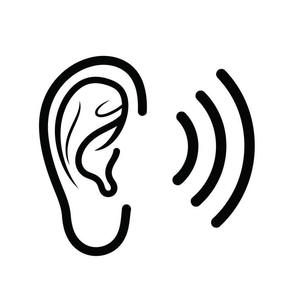 Modern graphic illustration of a human ear symbol with sound waves indicating active listening and auditory perception and sensory input vector