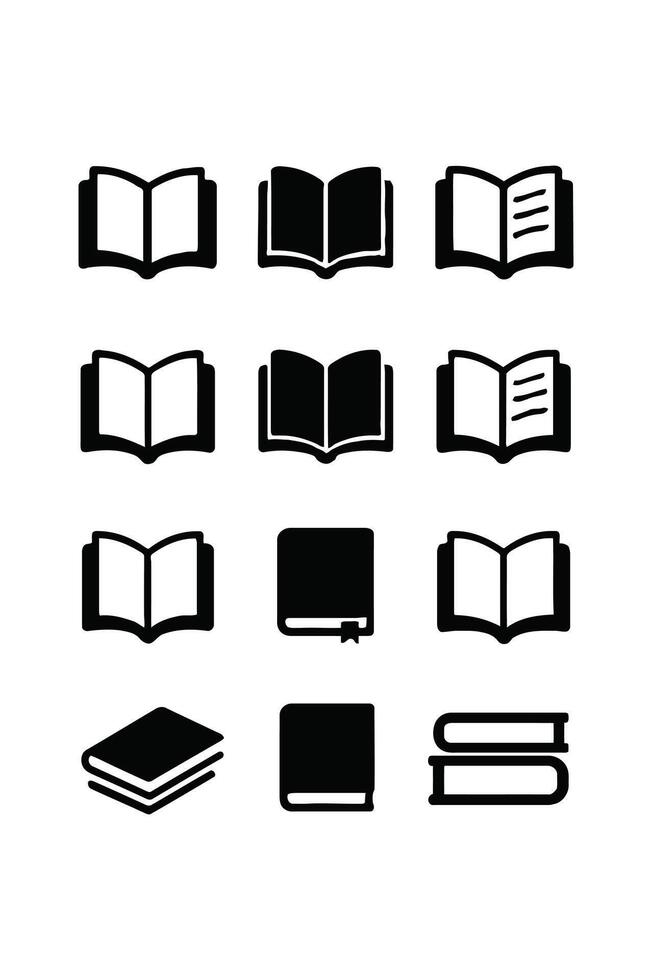 Minimalist graphic set of black book icons and symbols, featuring open, closed, and stacked books, ideal for educational content, digital libraries, and literary applications vector