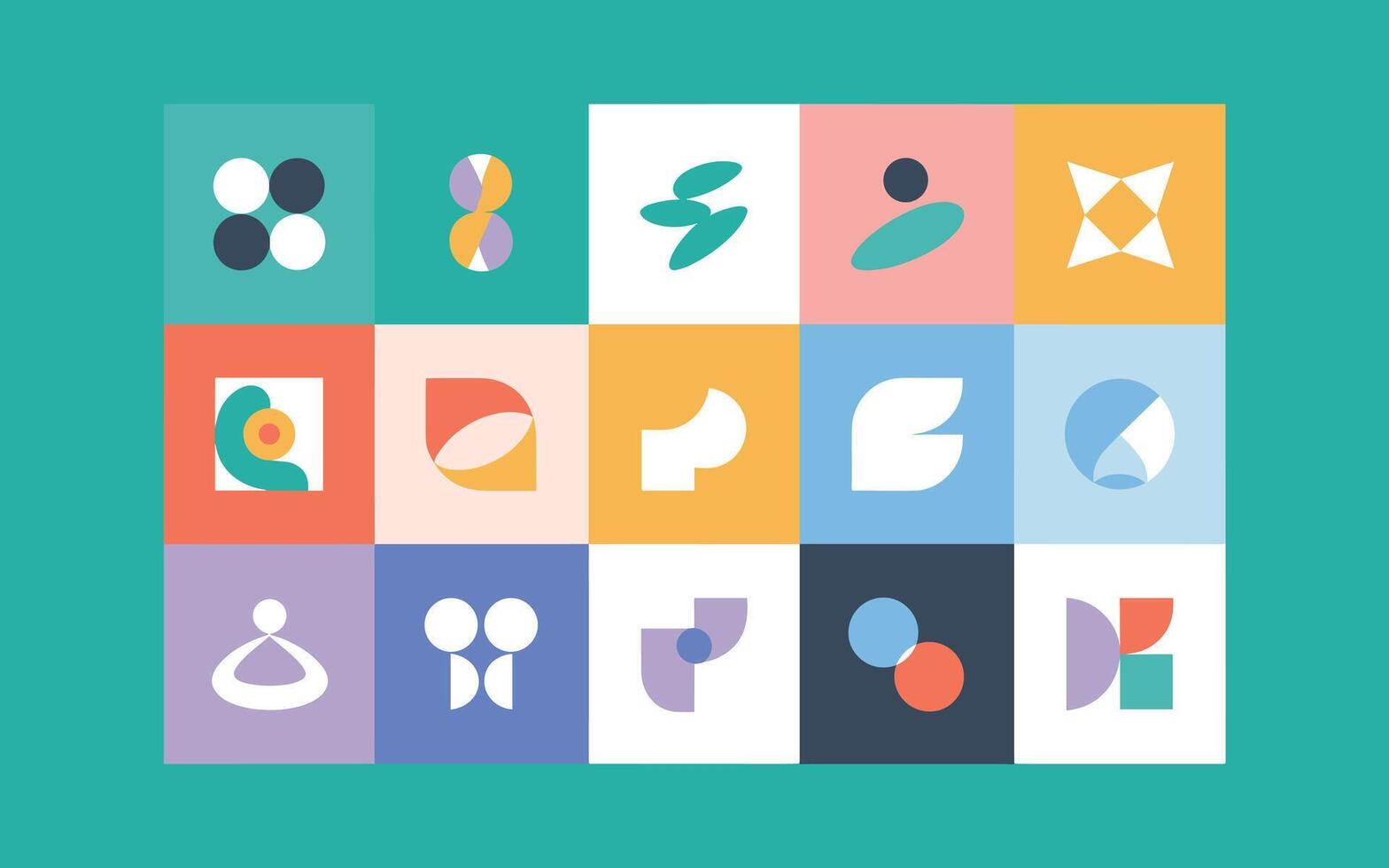 Collection of abstract geometric shapes and symbols in retro style, showcasing a vibrant and diverse set of design elements on a teal background vector