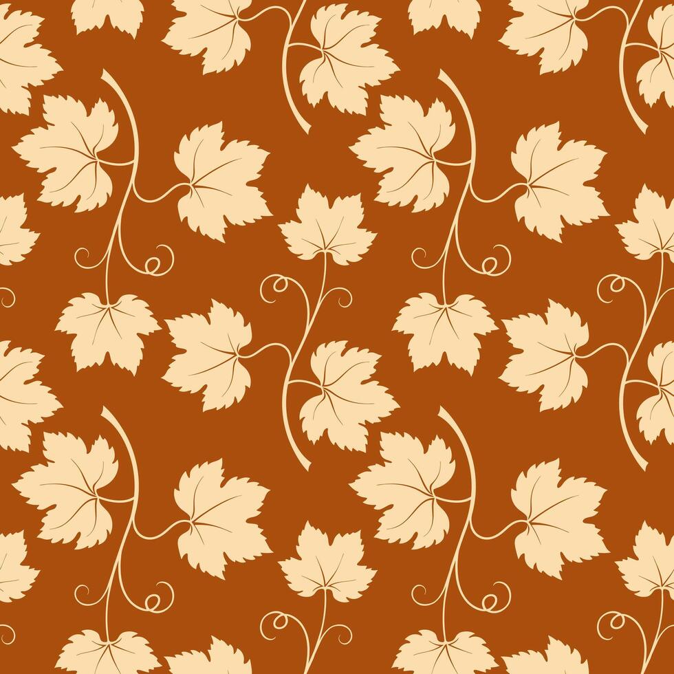 Grape vine branches on an orange background, pattern with grapevine silhouettes. Autumn vibe. Textile. vector