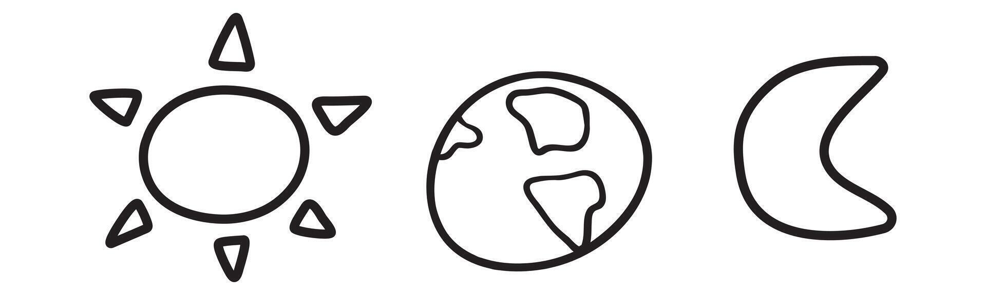 Cosmic Alignment. Outline illustration of a sun, planet and moon. Simple design for astronomical event. vector