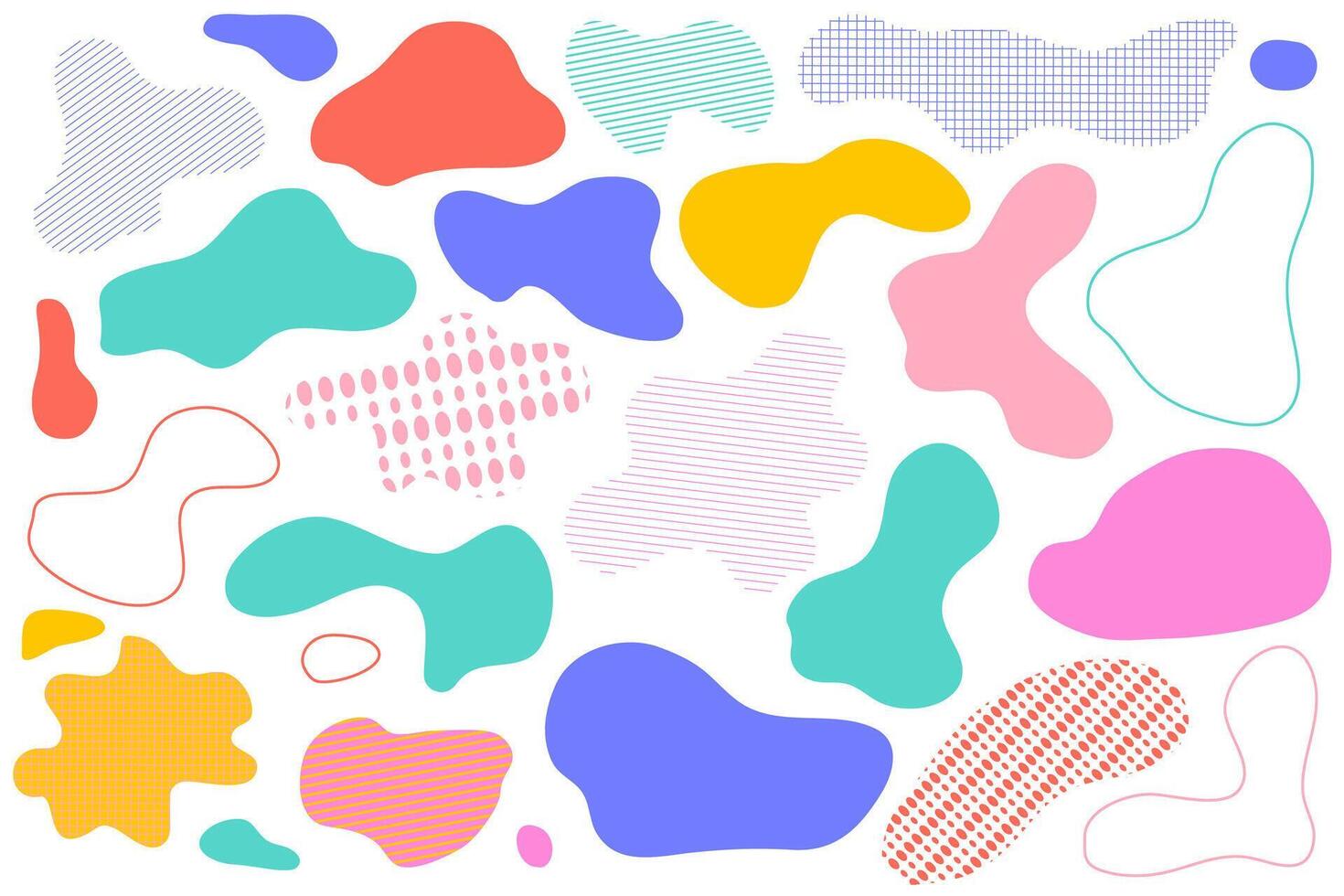 Organic irregular blob shapes. Abstract liquid forms set. Color random deform fluid spots. Blots, amoeba or uneven outline figures. Simple freeform, asymmetric bubble blotches, drops or basic stains. vector