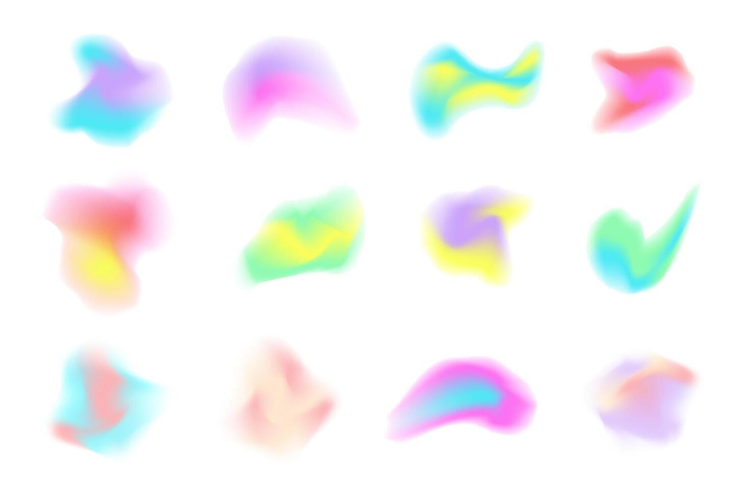 Collection of colorful abstract gradient shapes with blur neon glow. Iridescent abstract light fluid mesh forms, vibrant holographic in various forms. vector