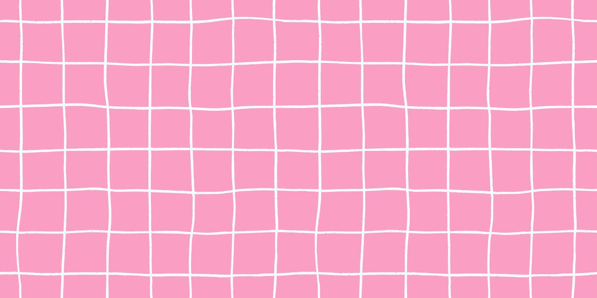 Check pink seamless pattern grid hand-drawn lines creating a playful background with wavy doodle textured stripes, perfect for cute designs and modern decor in crayon illustration. vector