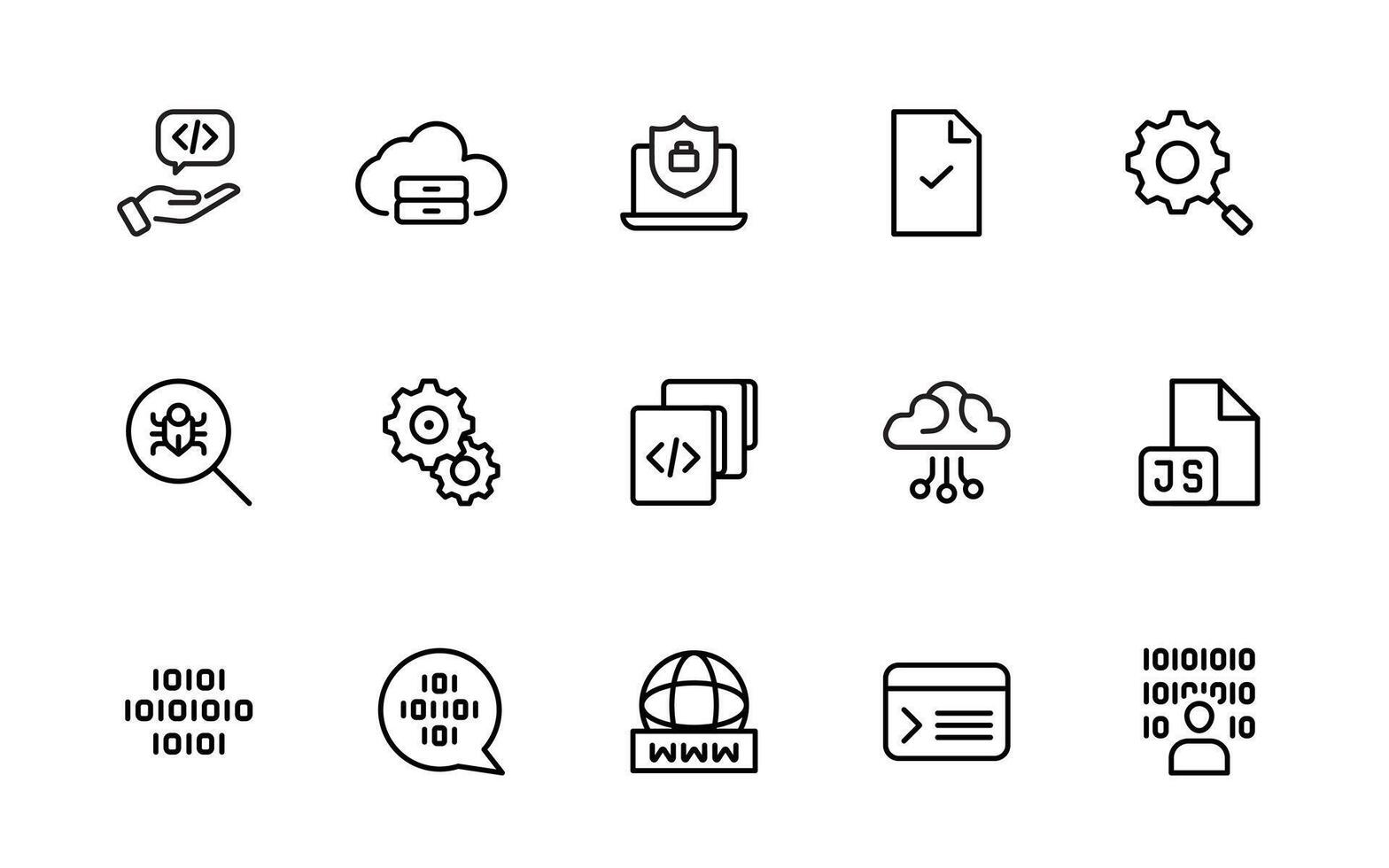 programación codificación iconos software desarrollo iconos código, API, programador, desarrollador, información tecnología, descifrador sencillo Delgado línea icono recopilación. vector