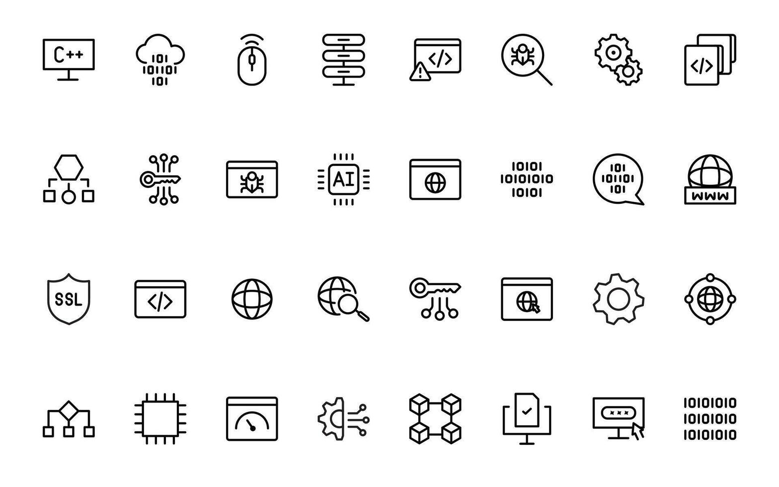 programación codificación iconos software desarrollo iconos código, API, programador, desarrollador, información tecnología, descifrador sencillo mínimo Delgado icono recopilación. vector