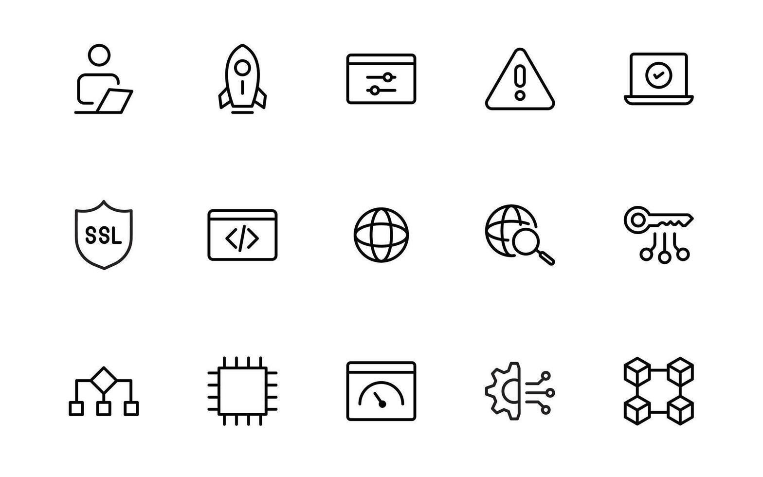 programación codificación iconos software desarrollo iconos código, API, programador, desarrollador, información tecnología, descifrador mínimo línea icono colocar. vector