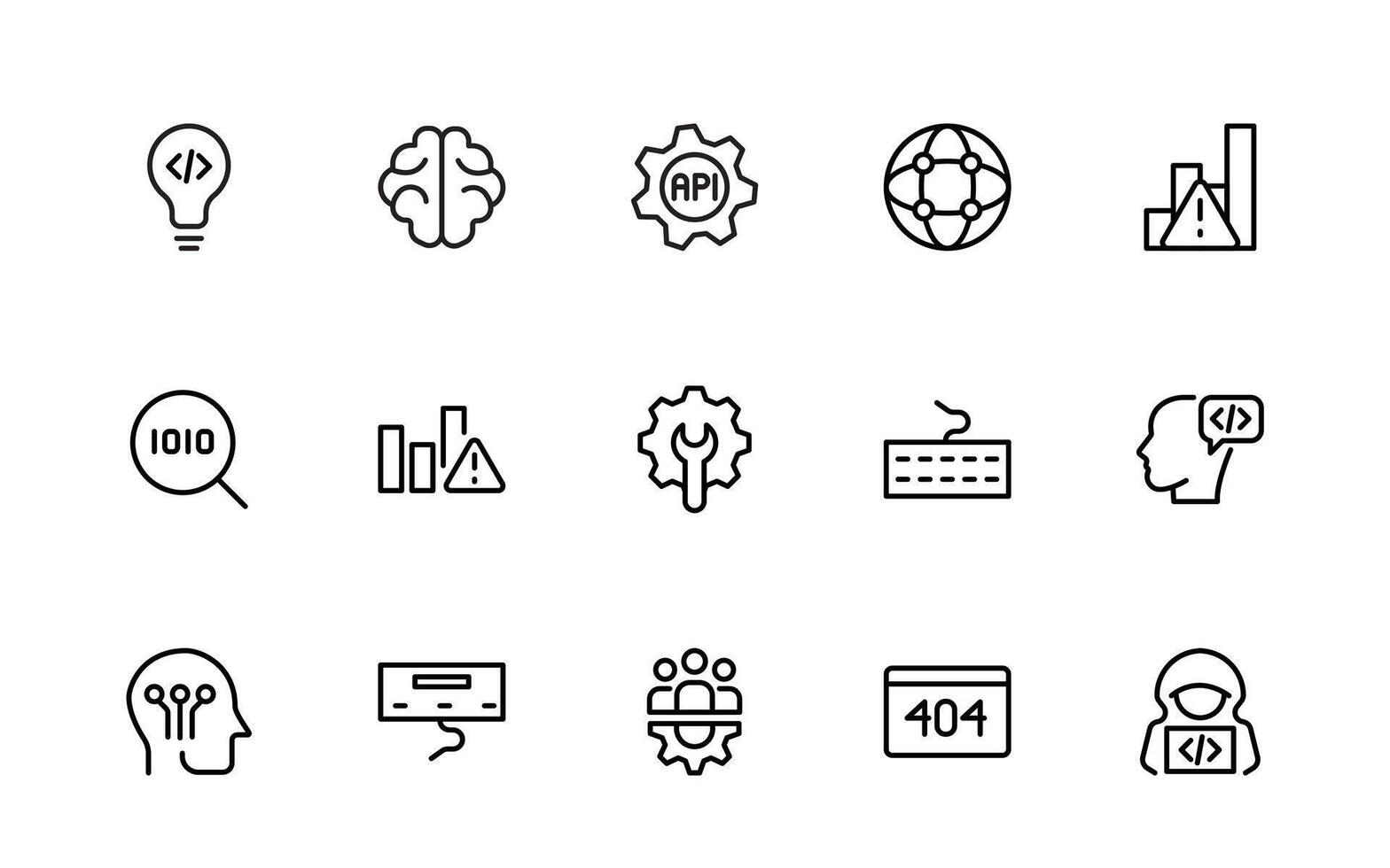 programación codificación iconos software desarrollo iconos código, API, programador, desarrollador, información tecnología, descifrador sencillo mínimo línea icono recopilación. vector