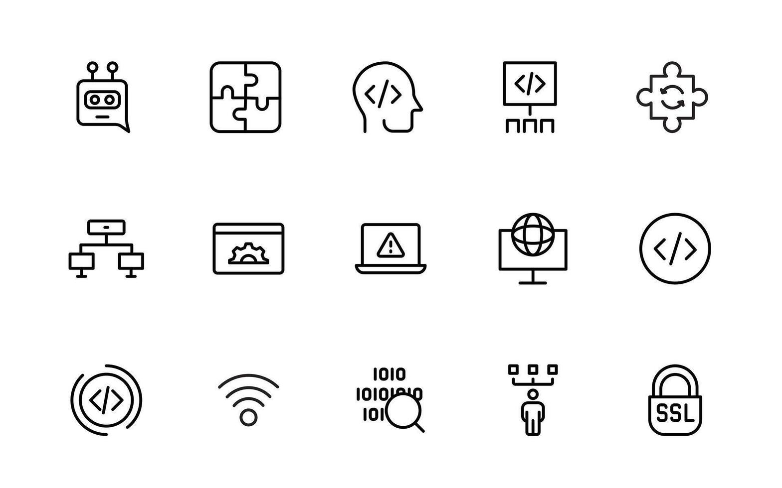 programación codificación iconos software desarrollo iconos código, API, programador, desarrollador, información tecnología, descifrador sencillo mínimo línea icono ilustración. vector