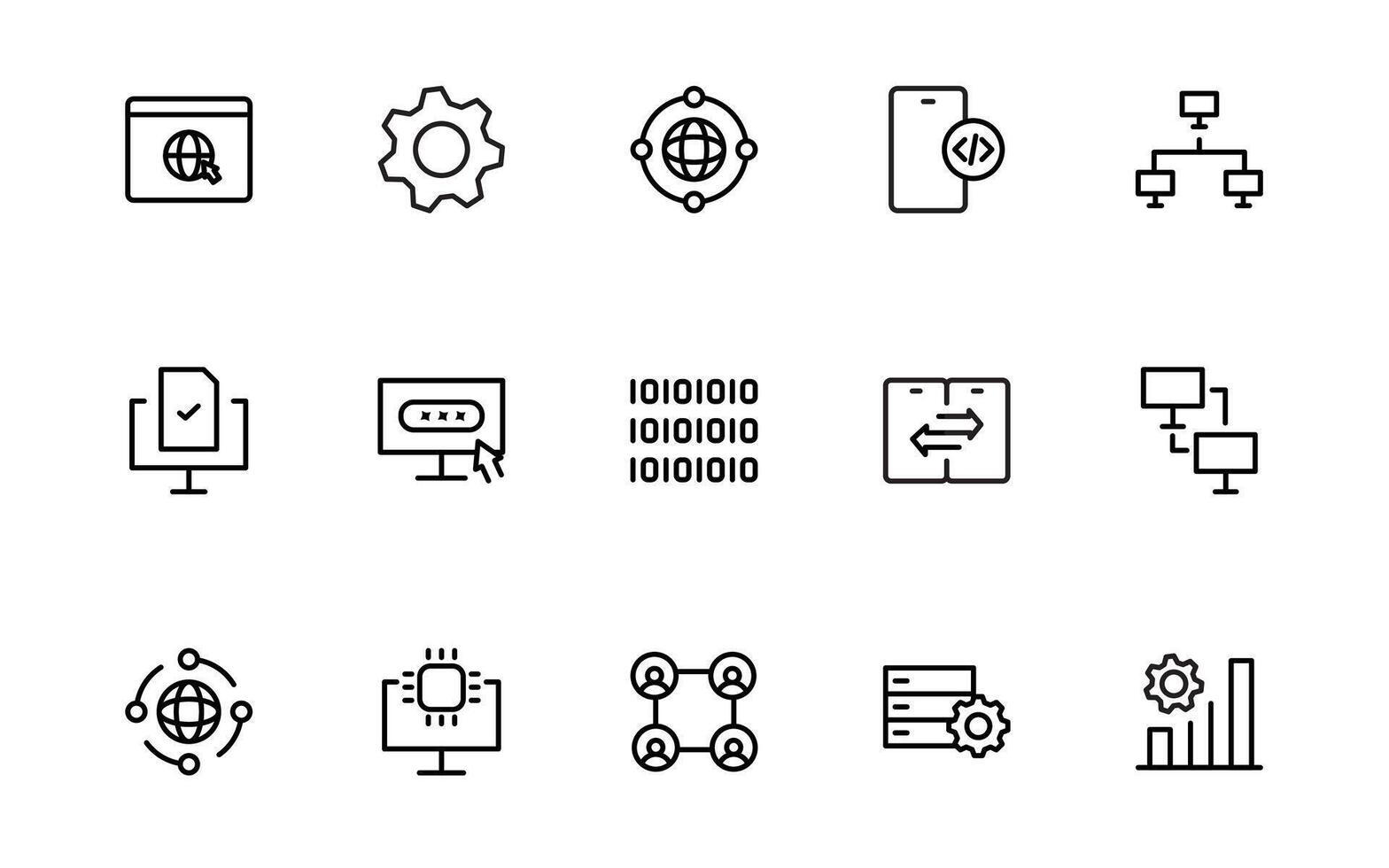 programación codificación iconos software desarrollo iconos código, API, programador, desarrollador, información tecnología, descifrador sencillo mínimo línea icono colocar. vector