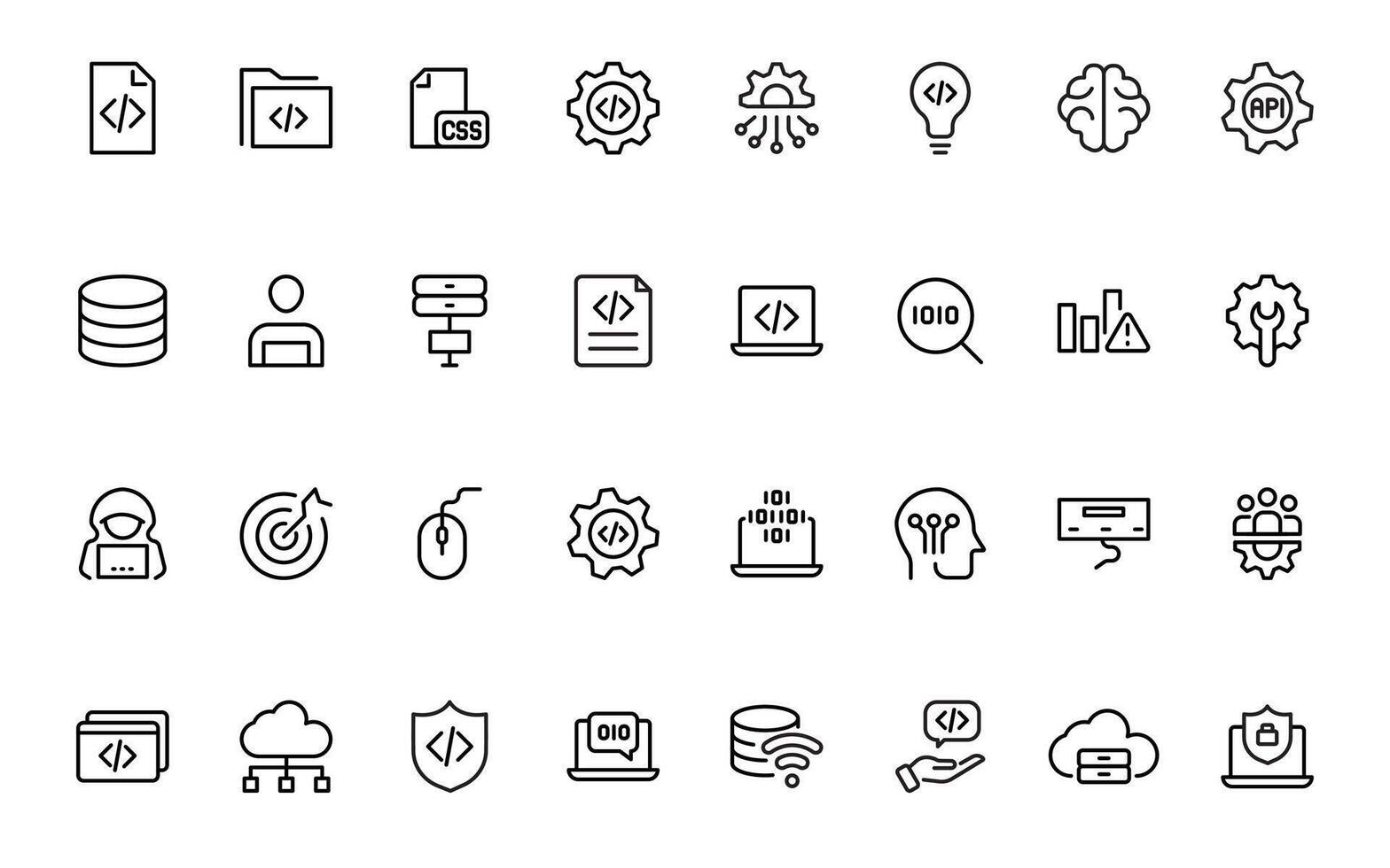 programación codificación iconos software desarrollo iconos código, API, programador, desarrollador, información tecnología, descifrador sencillo mínimo Delgado línea recopilación. vector