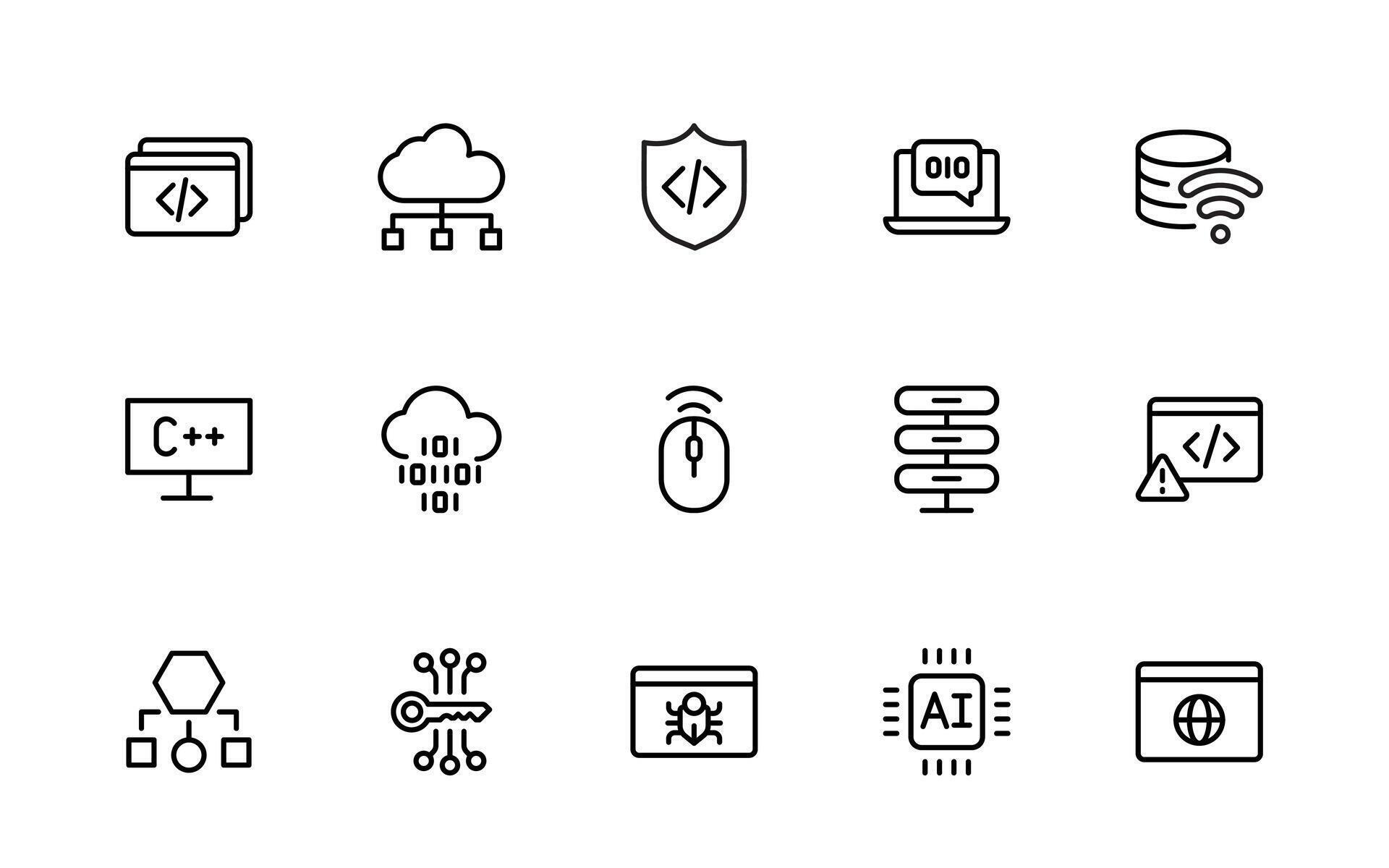 Programming coding icons. Software development icons. Code, api ...