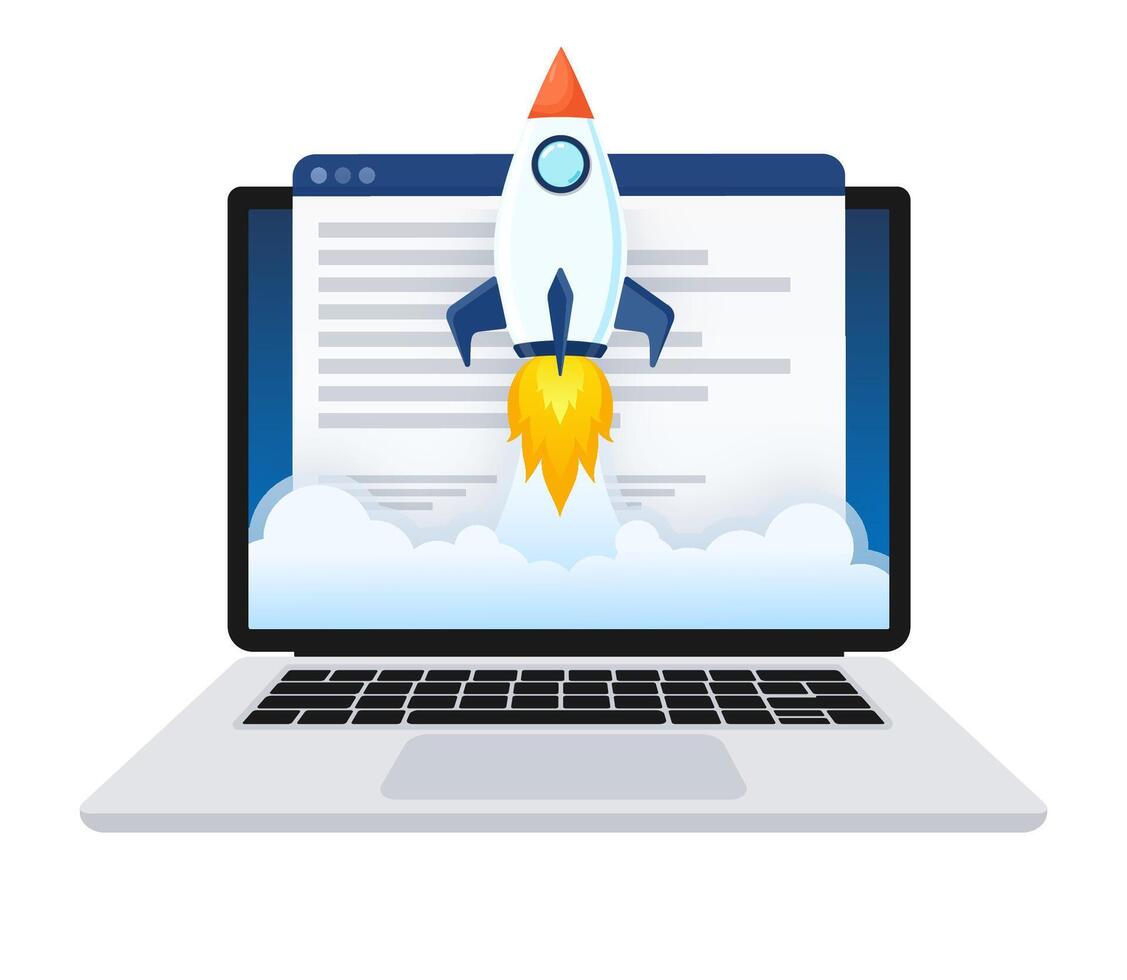 Website speed optimisation - Laptop with webpage and analytic tools on screen. illustration. vector