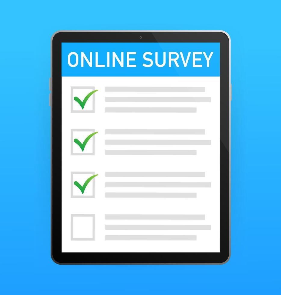 Checklist on tablet screen. Online survey concept. Hand holds tablet and check list with checkmark. Icon for mobile app design. illustration. vector