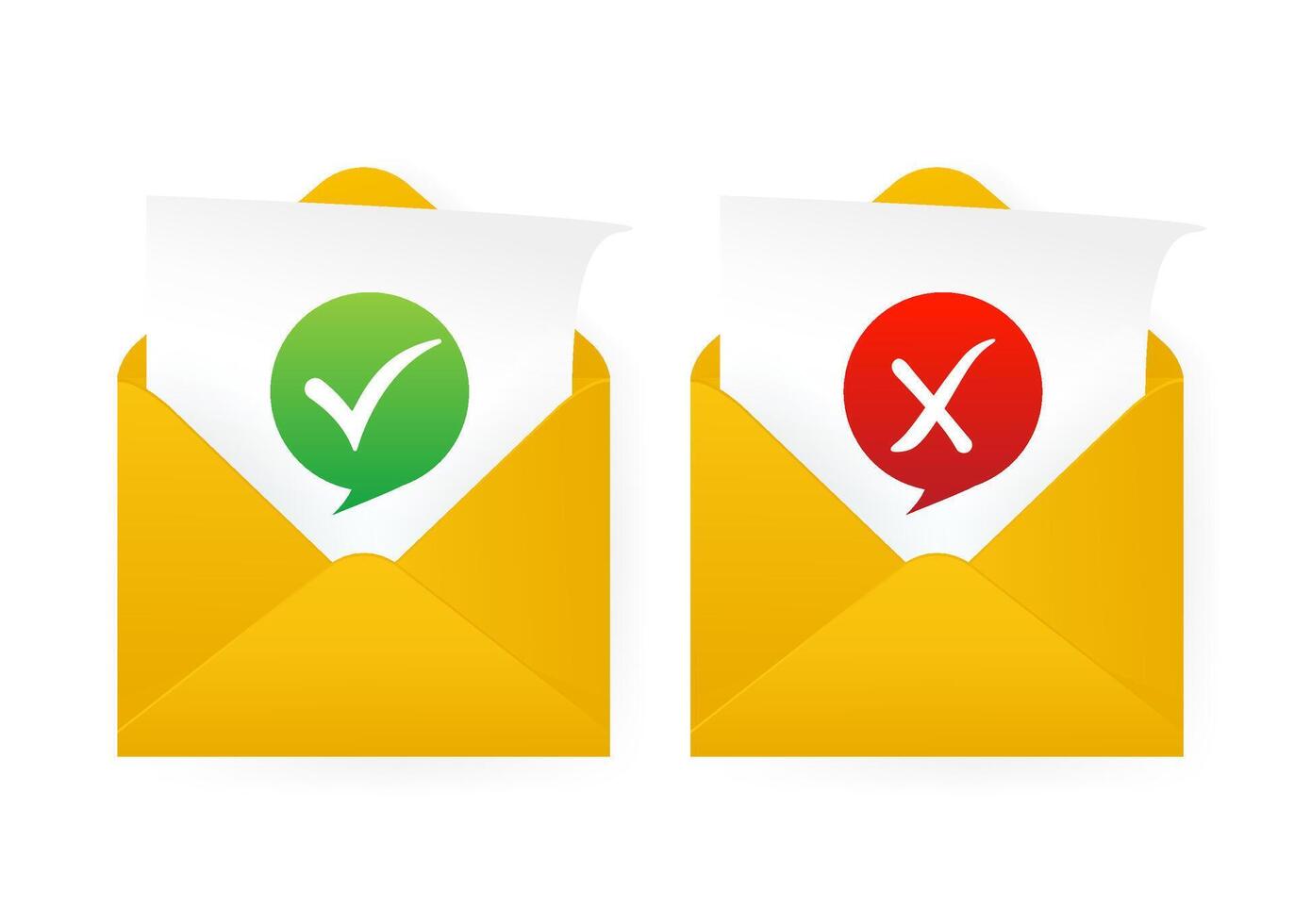 Check mark in envelope. Approved and rejected. Yellow template on white background. illustration. vector