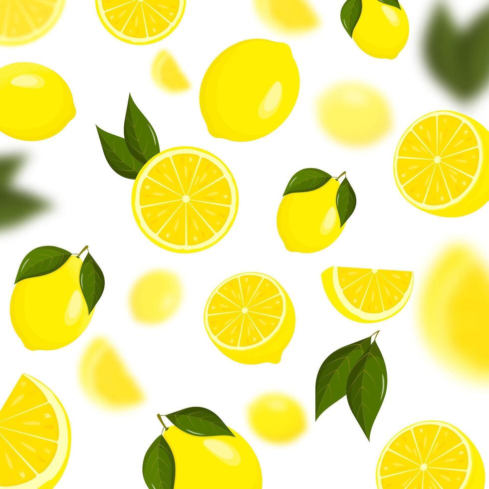 Lemon falling from different angles. Lemon citrus background. Flying Lemon with green leaf on transparent background. Focused and blurry fruits. Realistic 3d illustration. vector