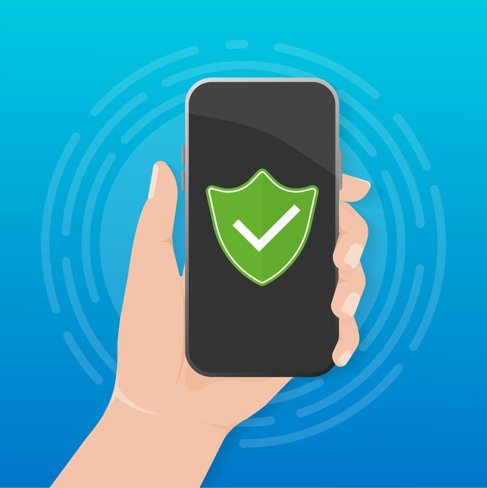 Green smartphone protection with hand isolated on white background. Mobile app interface. Hand holding smartphone. Phone display. Data secure. vector