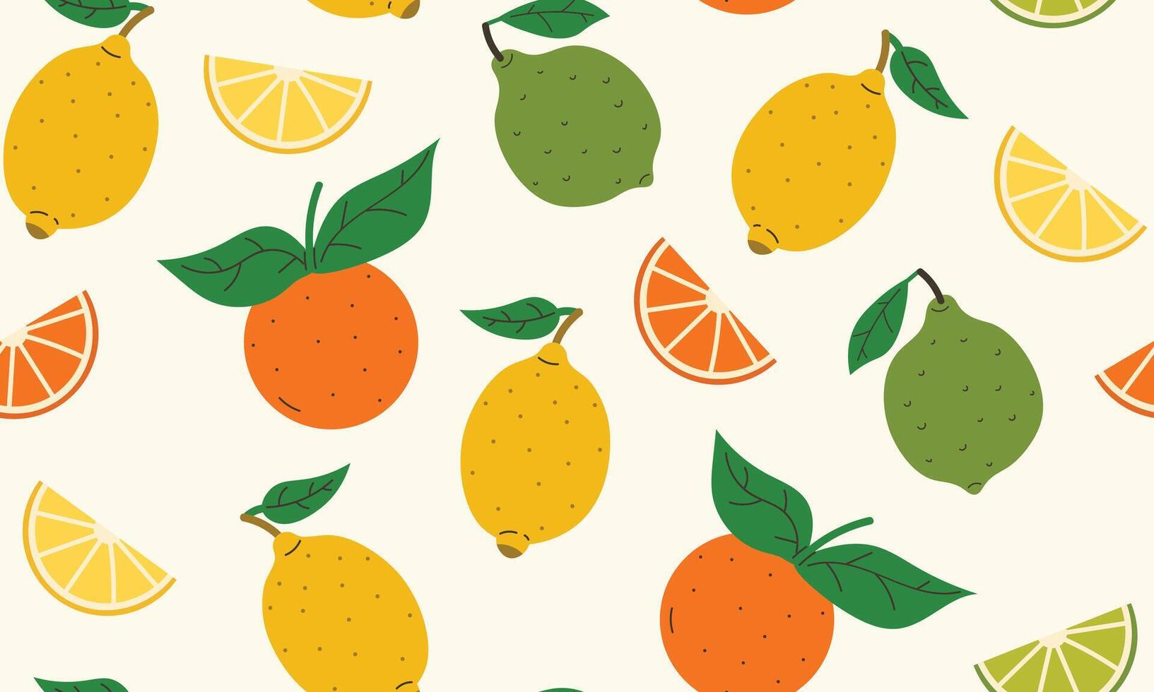 Flat cartoon seamless texture with lemon, lime, orange, leaves and wedges in random order. Bright citrus design for print, packaging, fabric, card, poster, web or summer decoration project. vector