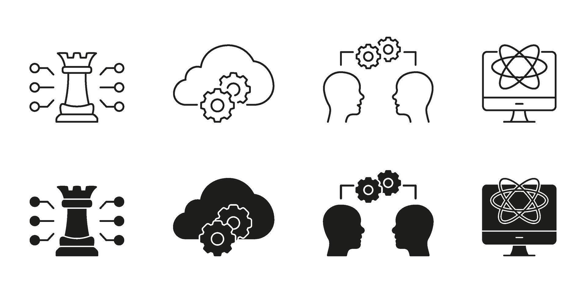 Artificial Intelligence Strategy and Cognitive Computing Line and Solid Icon Set. Cloud Technology, Innovation and Human Thinking Symbol Collection. Isolated Illustration vector