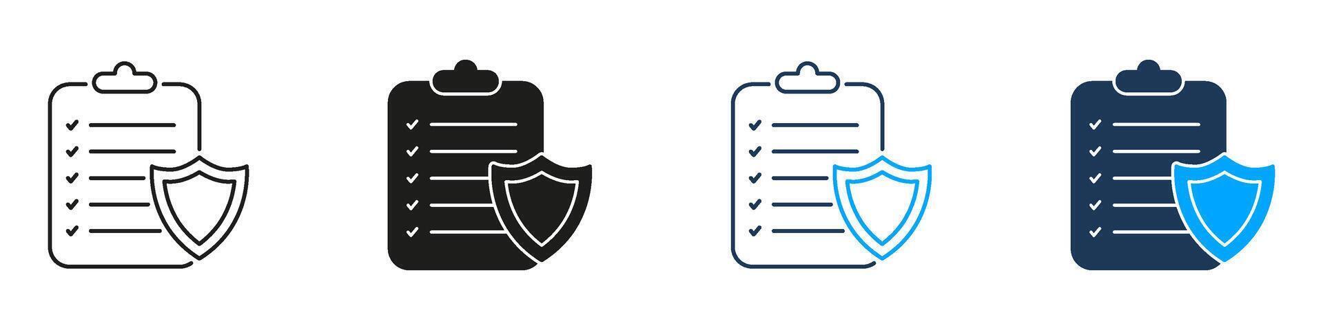 Checklist With Shield Line And Solid Icon Set. Security And Compliance Assurance Symbol Collection. Data Protection And Safety Verification. Isolated Illustration vector