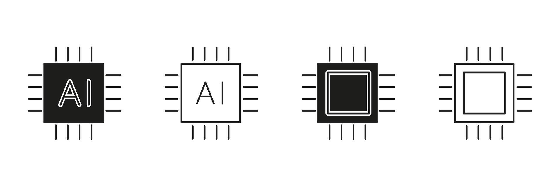Artificial Intelligence Microchips and Processors Line and Solid Icon Set. Digital Circuits, Computing Power and Smart Technology Symbol Collection. Isolated Illustration vector