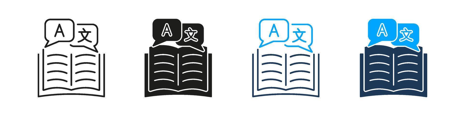 Bilingual Dictionary Line And Solid Icon Set. Open Book And Language Bubble Symbol Collection For Text Reference, Vocabulary Learning, And Translation Support. Isolated Illustration vector
