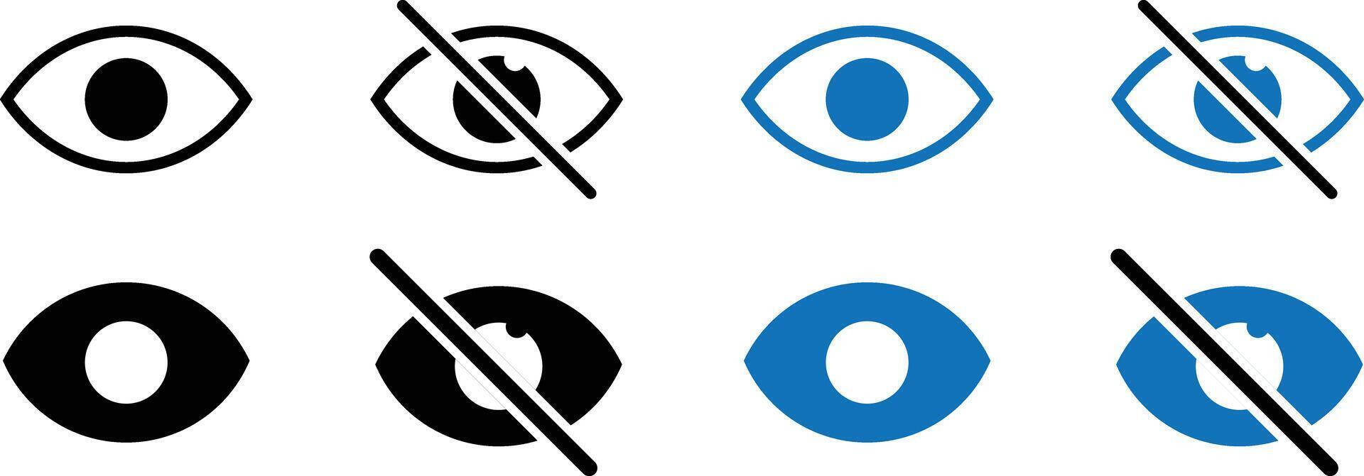 eye icon set. View and Eye icons. visible invisible concept. See and unsee symbol. Show password. hidden password. vector