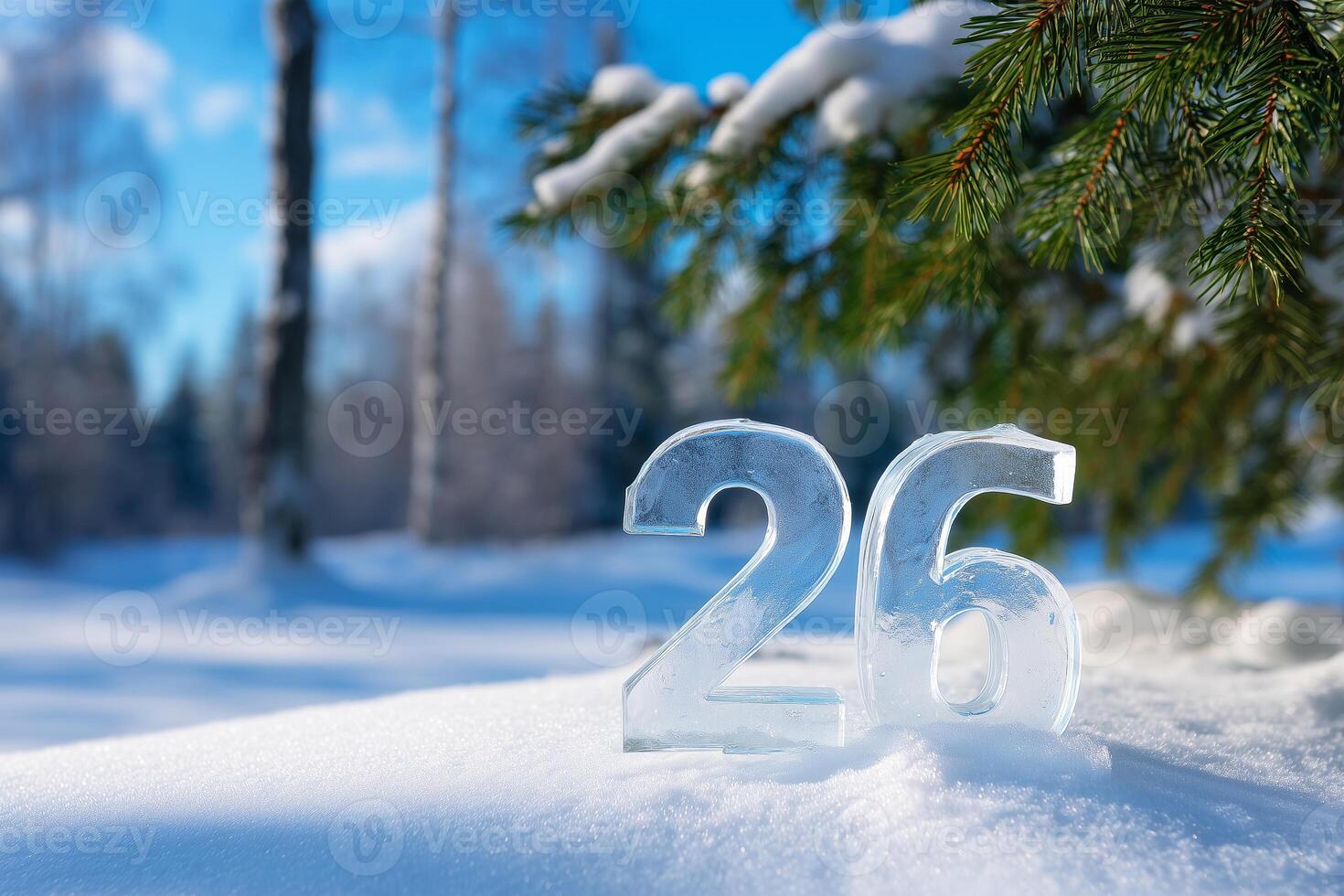 The number 26 is covered in snow in front of a tree photo