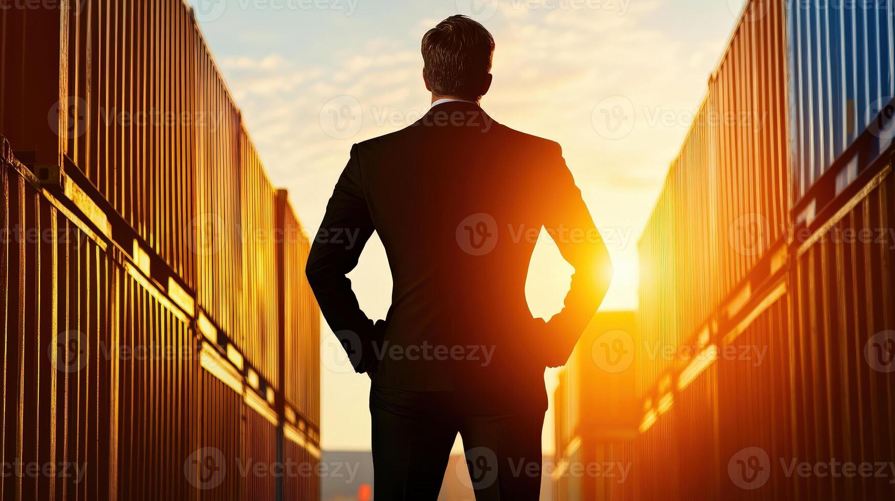 A man in a suit stands in front of a row of shipping containers photo