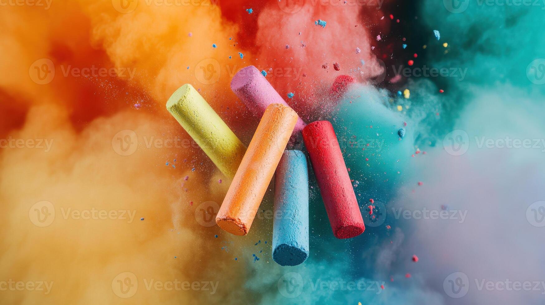 A colorful explosion of crayons in the air. The crayons are in different colors and are scattered all over the image. Scene is playful and fun, as if the crayons are having a party or celebration photo