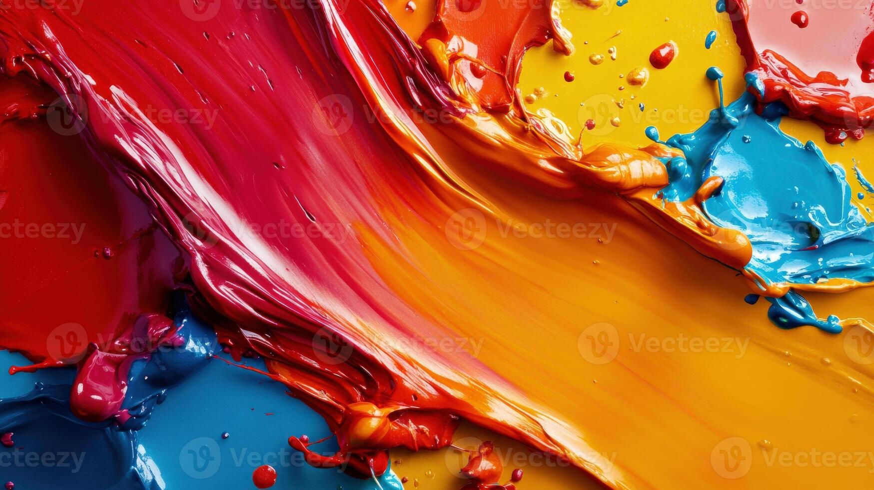 painting of a rainbow with different colors splattered on it. The colors are bright and vibrant, creating a cheerful and lively mood. The painting seems to be an abstract piece photo