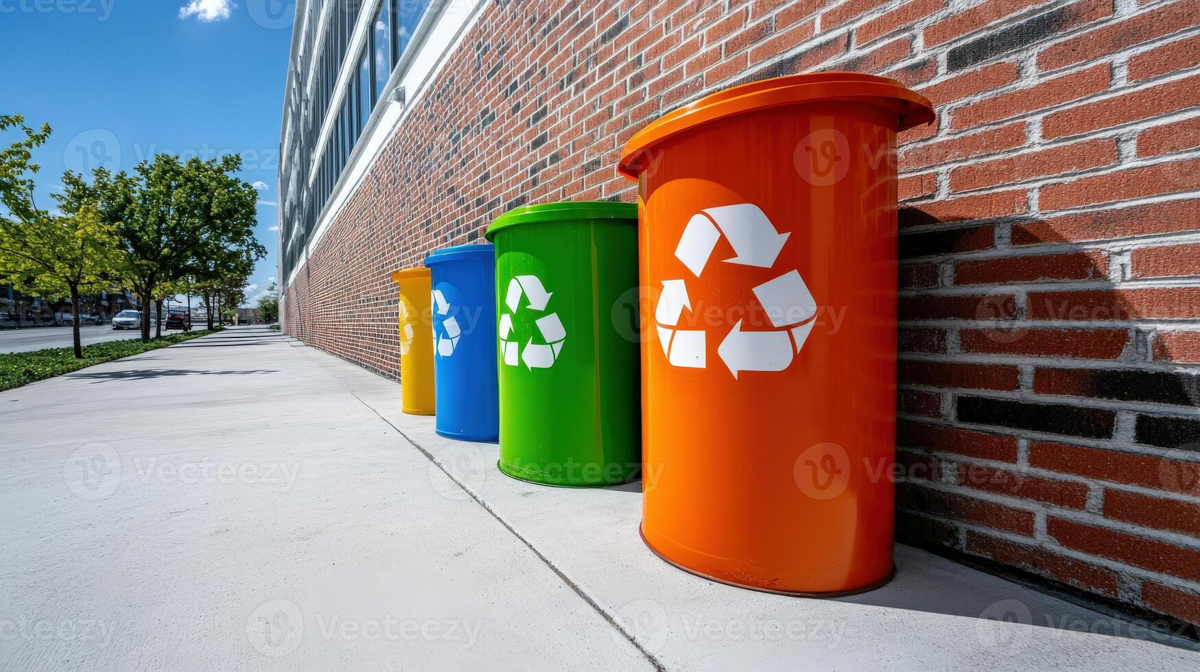 Four trash cans are lined up on a sidewalk, each with a different color photo