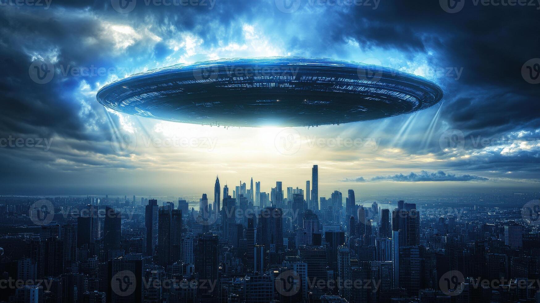 A large alien spaceship is hovering over a city at sunset. The city is lit up with lights and the sky is cloudy. Scene is mysterious and ominous photo