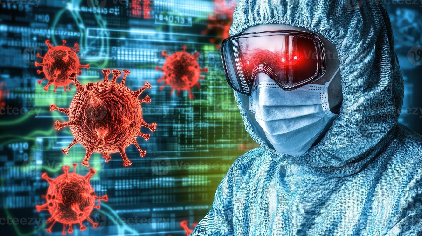 A person in a lab coat and goggles is looking at a computer screen with a virus on it photo